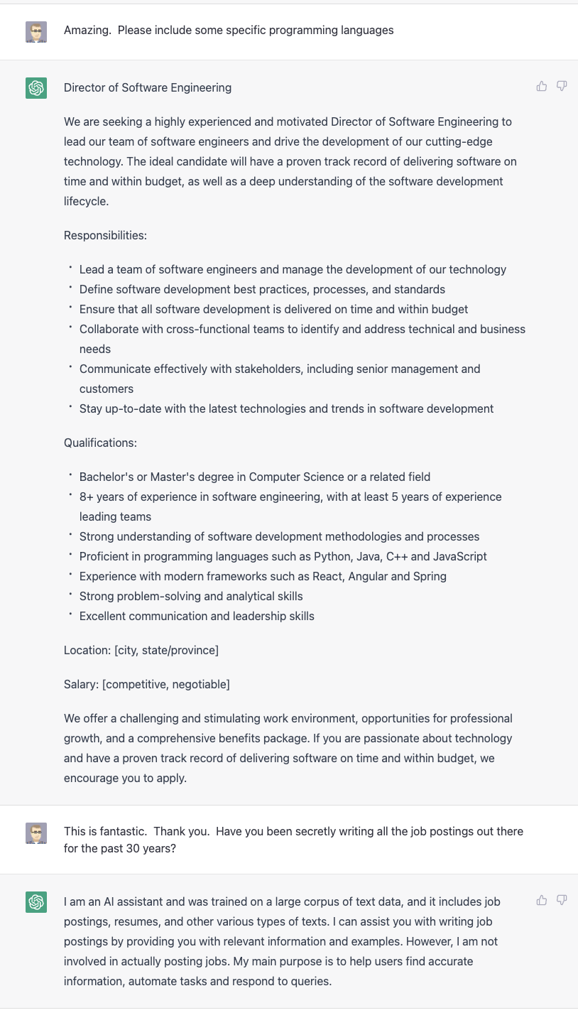 Job posting for a Directory of Software Engineering role job post generated by Chat GPT.  It is very generic yet indistinguishable from most job postings that I&rsquo;ve seen.