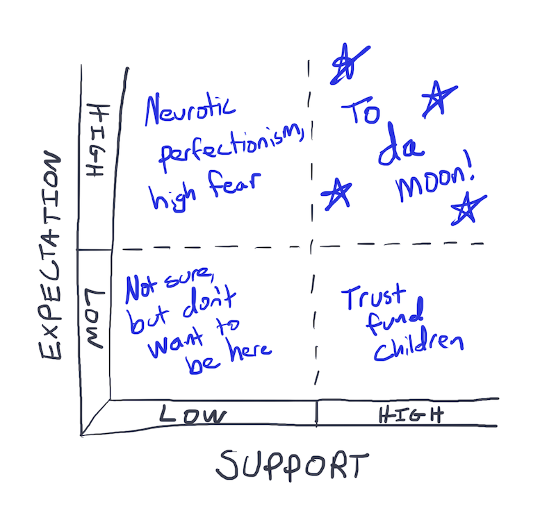 A matrix with support on the x-axis and expectation on the y-axis.  Each has a high and low value.  High expectation with high support is called out as the most desirable.